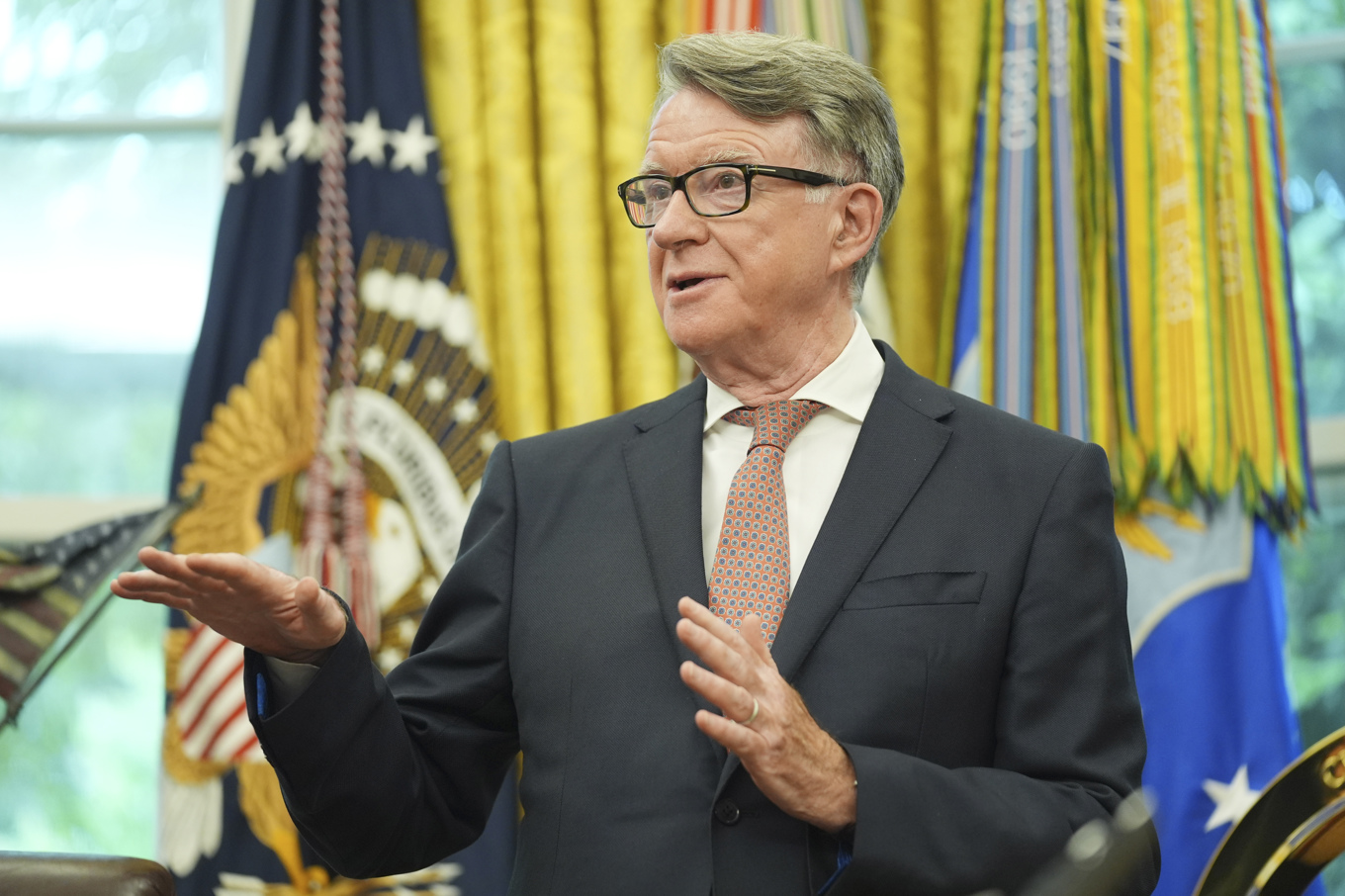 Peter Mandelson under ett besök i Vita huset i Washington i våras. Foto: Evan Vucci/AP/TT