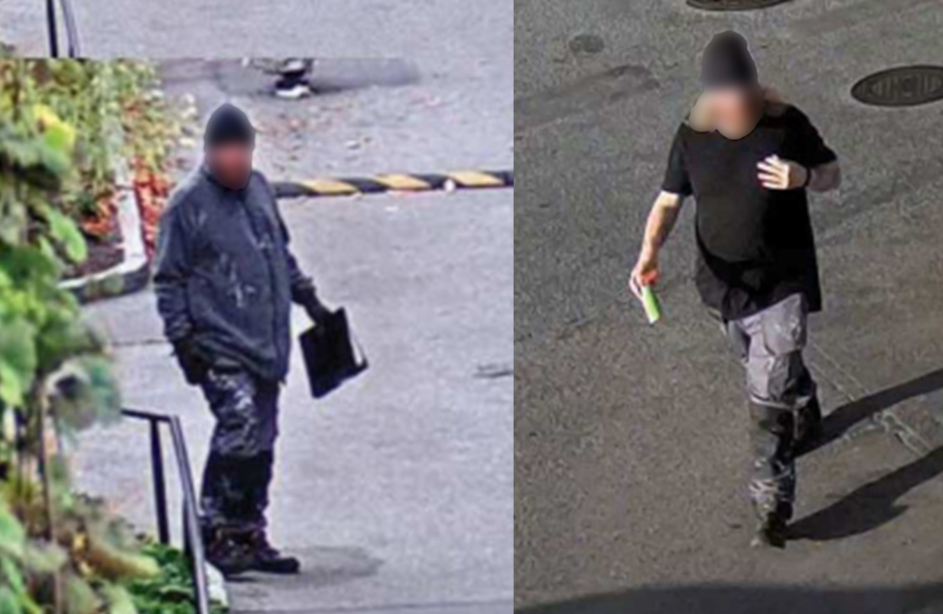 Den misstänkte skytten fångades av flera övervakningskameror under brottsdagen. Han klädde sig som en snickare för att inte väcka uppmärksamhet. Bilder från polisens förundersökningsprotokoll. Foto: Polisen