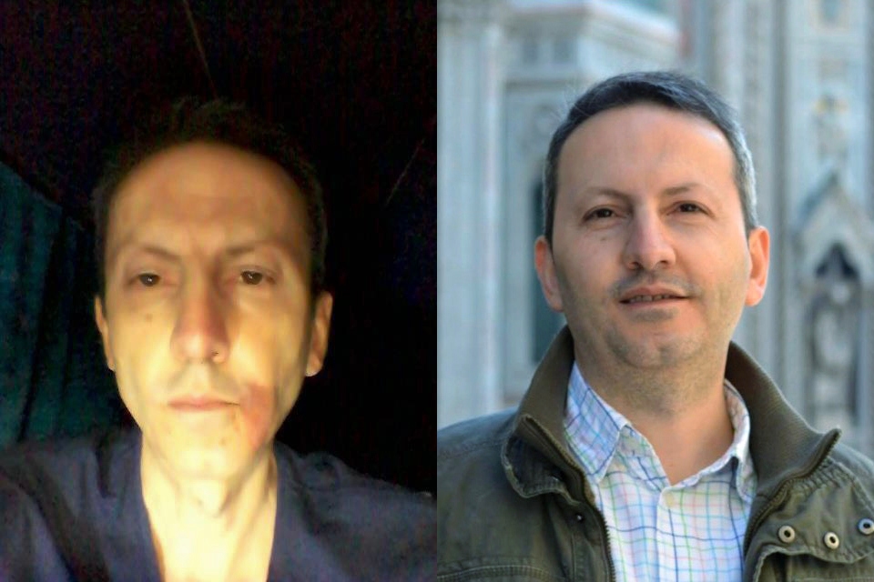 Ahmadreza Djalalis hälsa har kraftigt försämrats under hans nio år i iransk fångenskap. Till höger syns en bild från innan han tillfångatogs, till vänster en bild som smugglats ut från fängelset. Foto: Privat