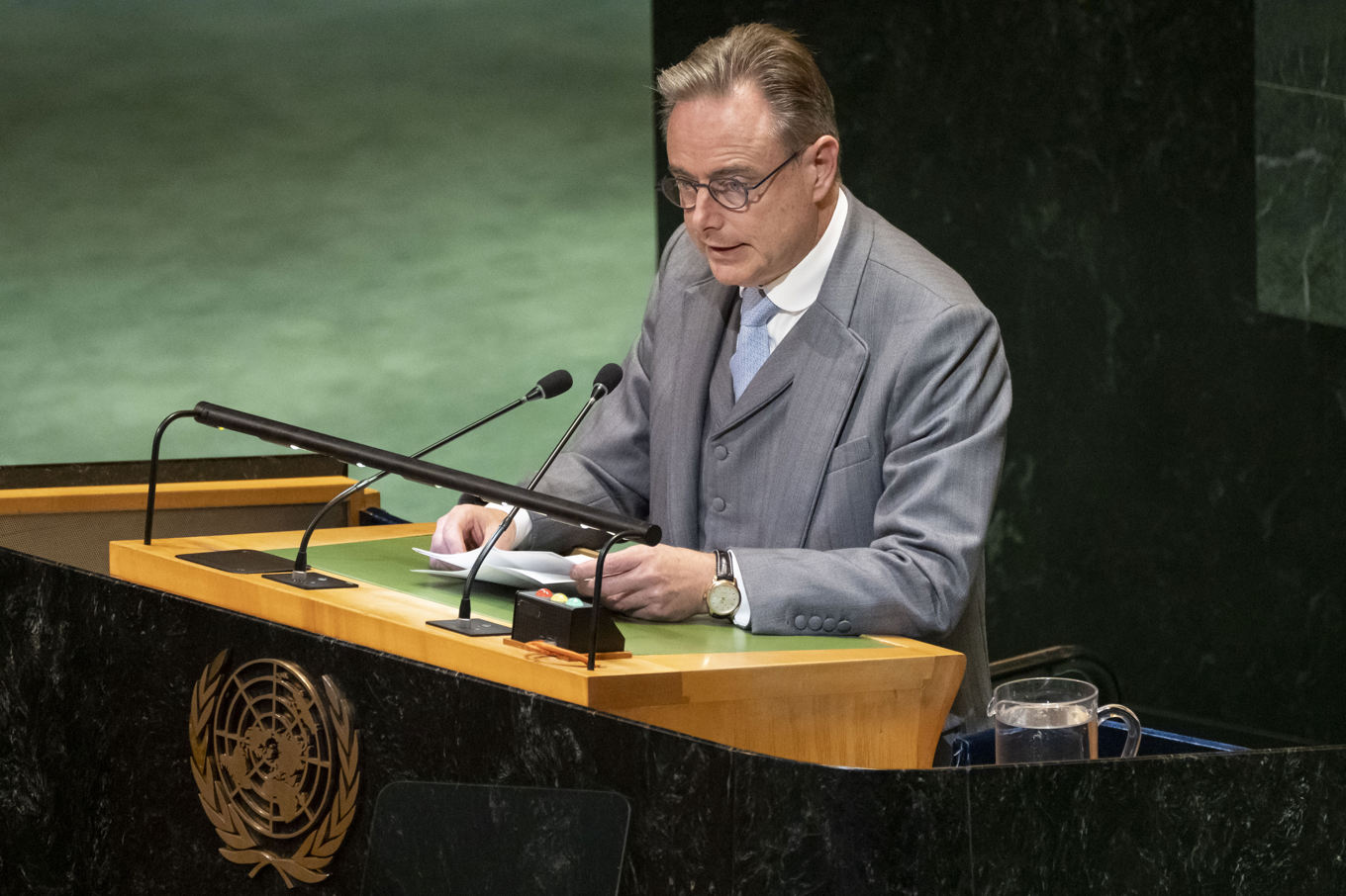 Belgiens premiärminister Bart De Wever i FN:s generalförsamling. Foto: Yuki Iwamura/AP/TT