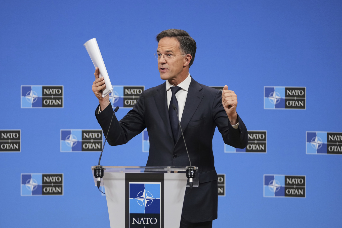 Natos generalsekreterare Mark Rutte håller presskonferens på tisdagen. Foto: Virginia Mayo/AP/TT