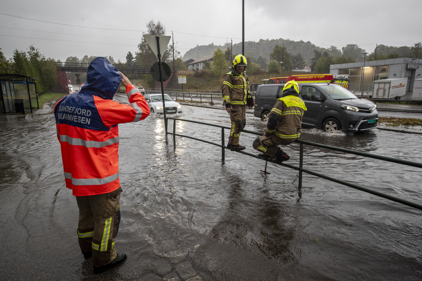 Översvämningar i Sandefjord efter stormen Amys framfart. Foto: Trond R Teigen/NTB/TT