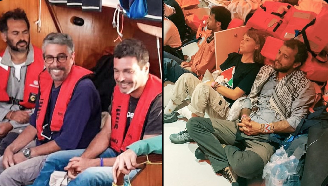 Aktivister, bland dem svenska Greta Thunberg, på en bild släppt av Israels utrikesdepartement efter att Global Sumud Flotillas båtar bordats av israelisk militär. Foto: Israels utrikesdepartement via AP/TT