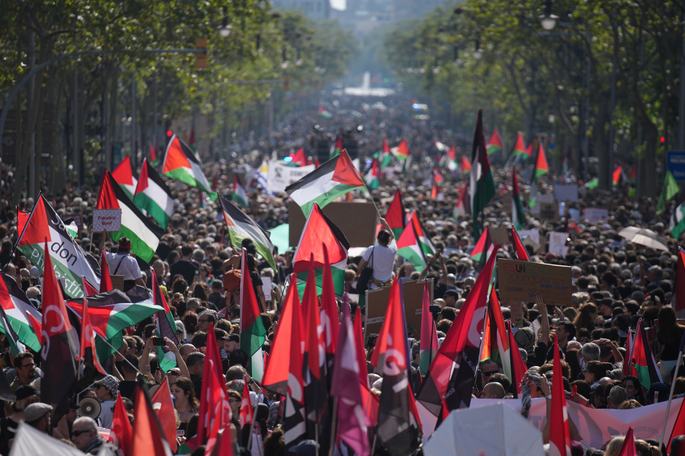 Propalestinska demonstranter fyllde Barcelonas gator på lördagen. Foto: Emilio Morenatti/AP/TT