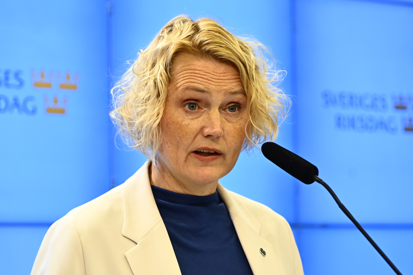 Centerpartiets partiledare Anna-Karin Hatt (C) presenterar Centerpartiets budgetmotion för 2026. Foto: Anders Wiklund/TT