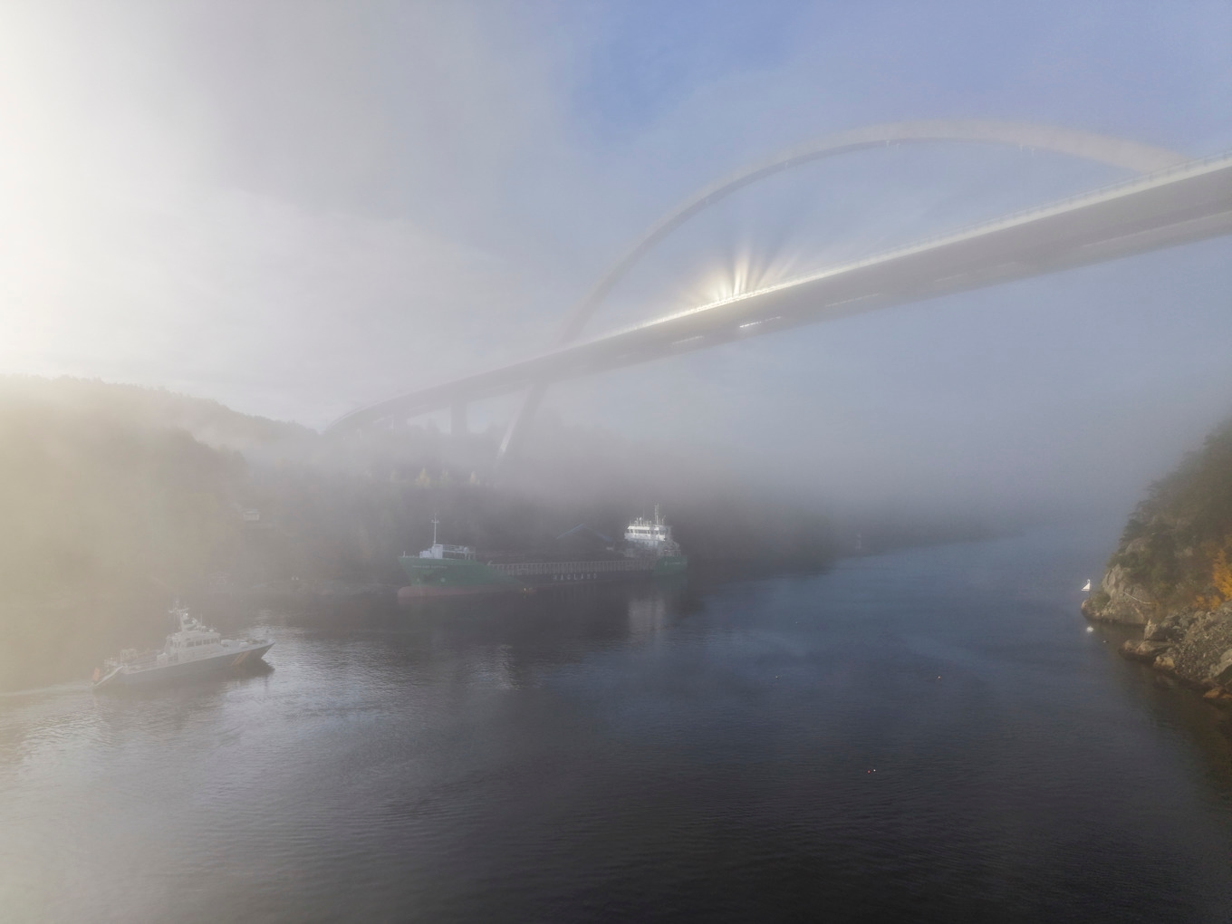 Det norska fartyget Hagland Captain, lastat med timmer, gick på grund under Svinesundsbron. Foto: Cornelius Poppe/NTB/TT