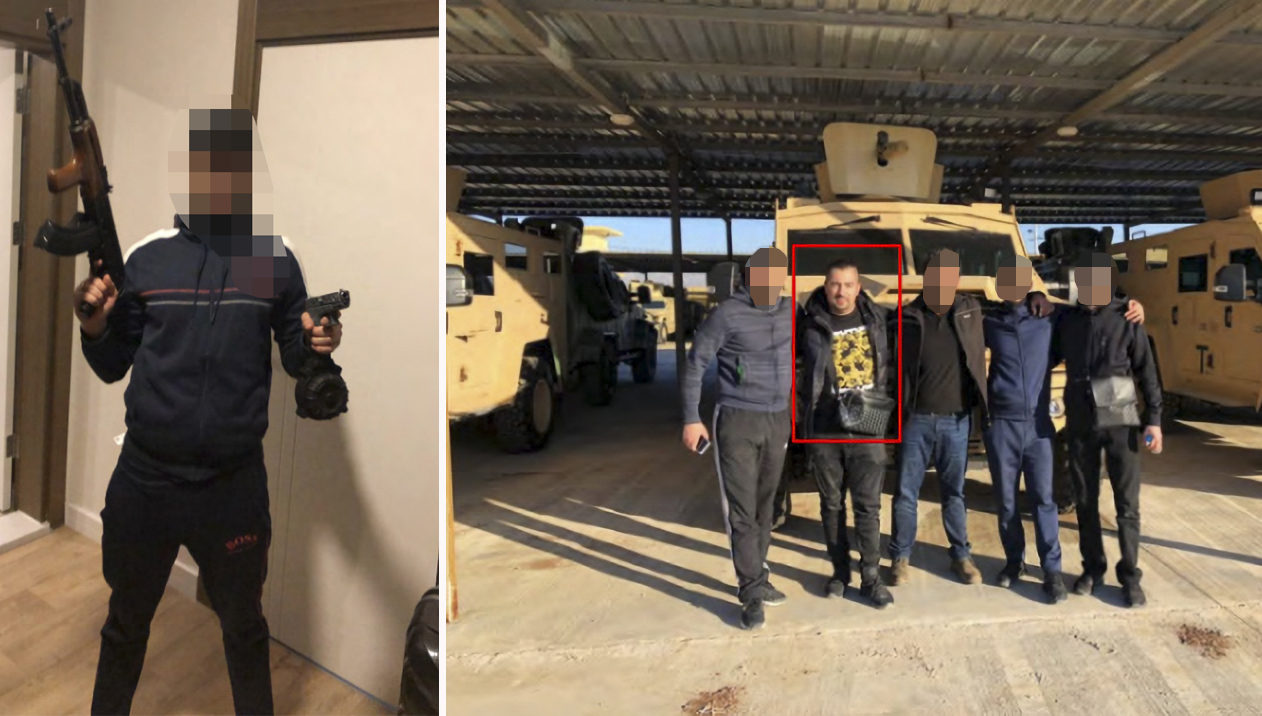 Den nu gripne mannen poserar med vapen och på en gruppbild under ett besök hos Foxtrotledaren Rawa Majid (tvåa från vänster) i Irak 2020. Den nu gripne står näst längst till höger. Bilder från Tullverkets förundersökning. Foto: Tullverket