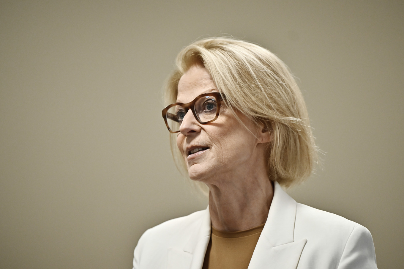 Vice partiordförande och finansminister Elisabeth Svantesson (M) under en pressträff på Moderaternas arbetsstämma i Västerås. Foto: Christine Olsson/TT