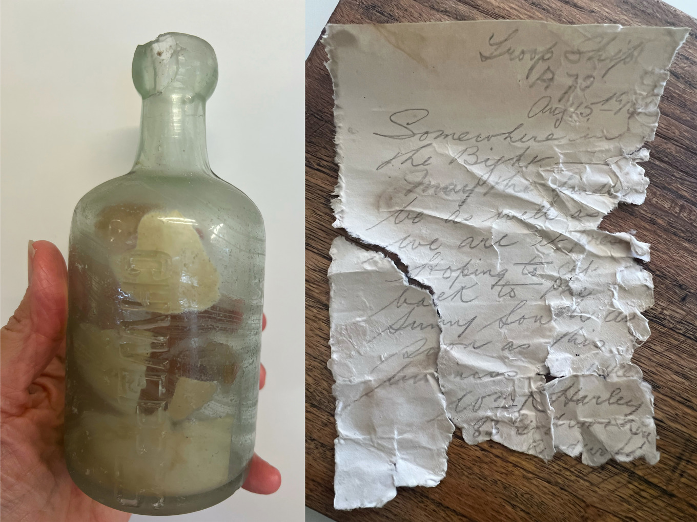 Deb Browns egna bilder på flaskan och ett av breven, som börjar: "Somewhere in the Bight..." (Någonstans ute i Stora Australbukten...). Foto: Deb Brown via AP/TT