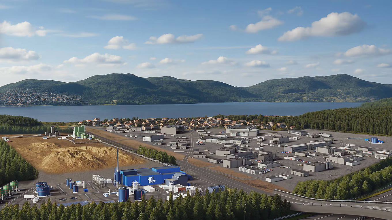 Visionsbild över Unipers fabrik NorthstarH2 i Östersund, som projekteras enligt Liquid Winds koncept för produktion av e-metanol. Foto: Uniper