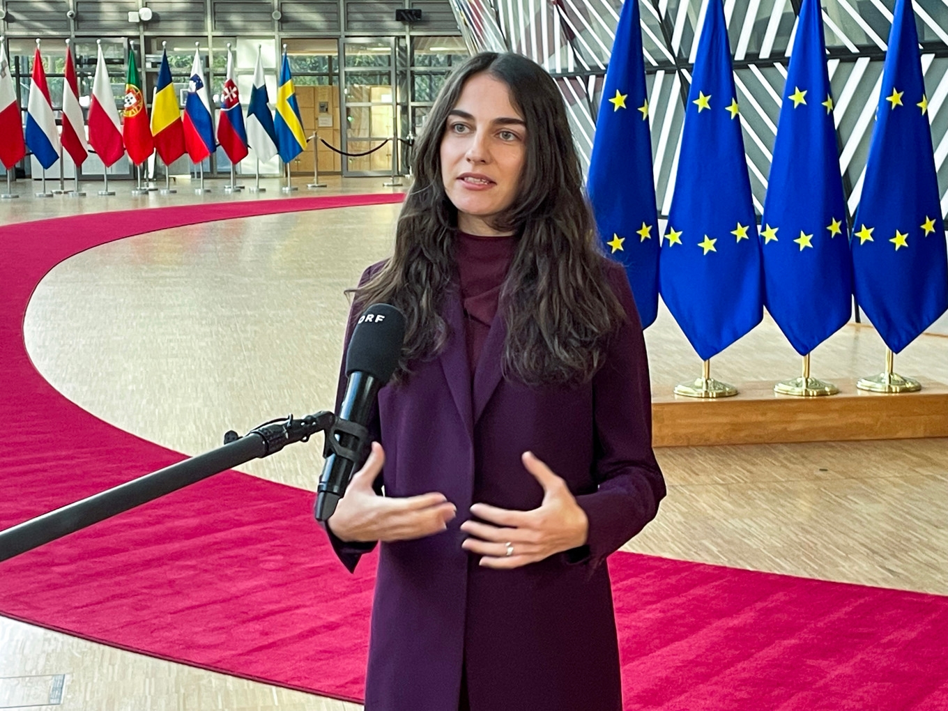 Klimat- och miljöminister Romina Pourmokhtari på väg in till tisdagens EU-möte i Bryssel. Foto: Wiktor Nummelin/TT