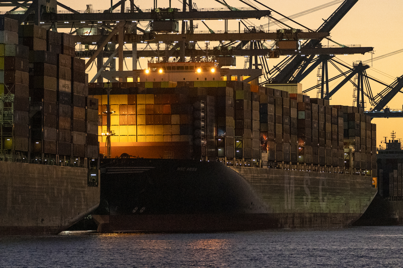 Fartyget MSC Aries beslagtogs av Iran 2024. På bilden befinner sig fartyget i Los Angeles hamn. Arkivbild. Foto: Damian Dovarganes/AP/TT