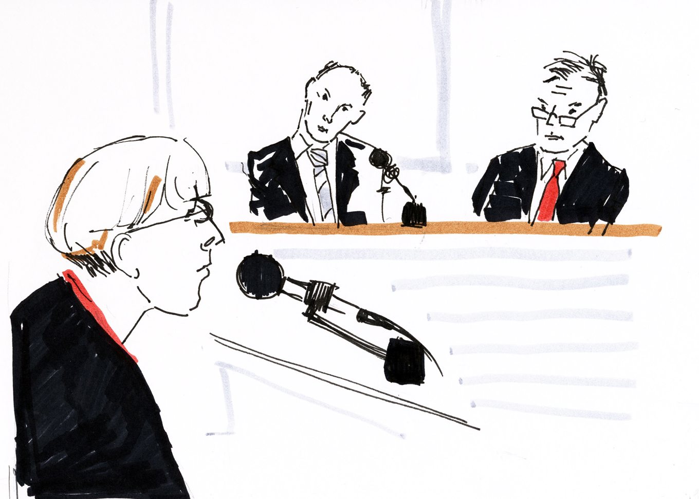 Teckning från när Knutbyrättegången avslutades i Svea hovrätt 2004. Åklagaren Elin Blank slår nu tillbaka mot Aftonbladets granskning. Foto: Birgitta Schölander/TT