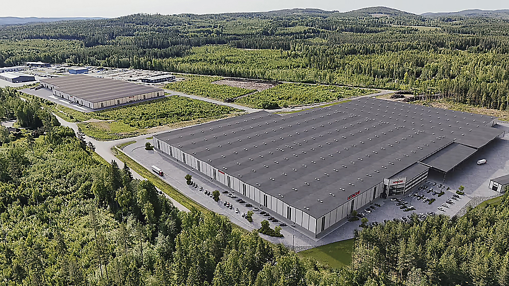 Hitachi Energys framtida logistikcenter i Ludvika. Illustration Vektor arkitektur