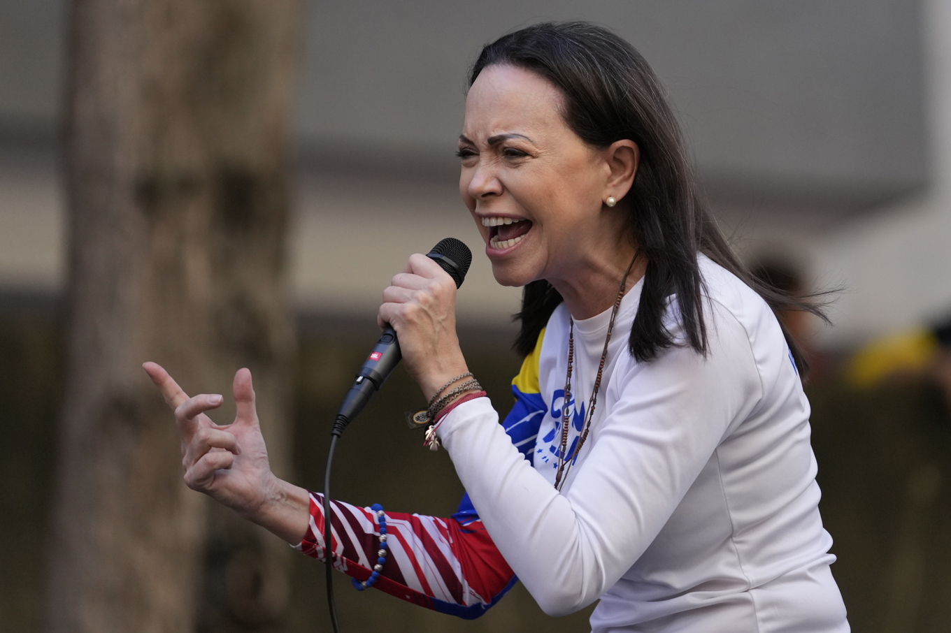 María Corina Machado under en protest mot president Nicolás Maduro i Venezuelas huvudstad Caracas i januari. Foto: Matias Delacroix/AP/TT