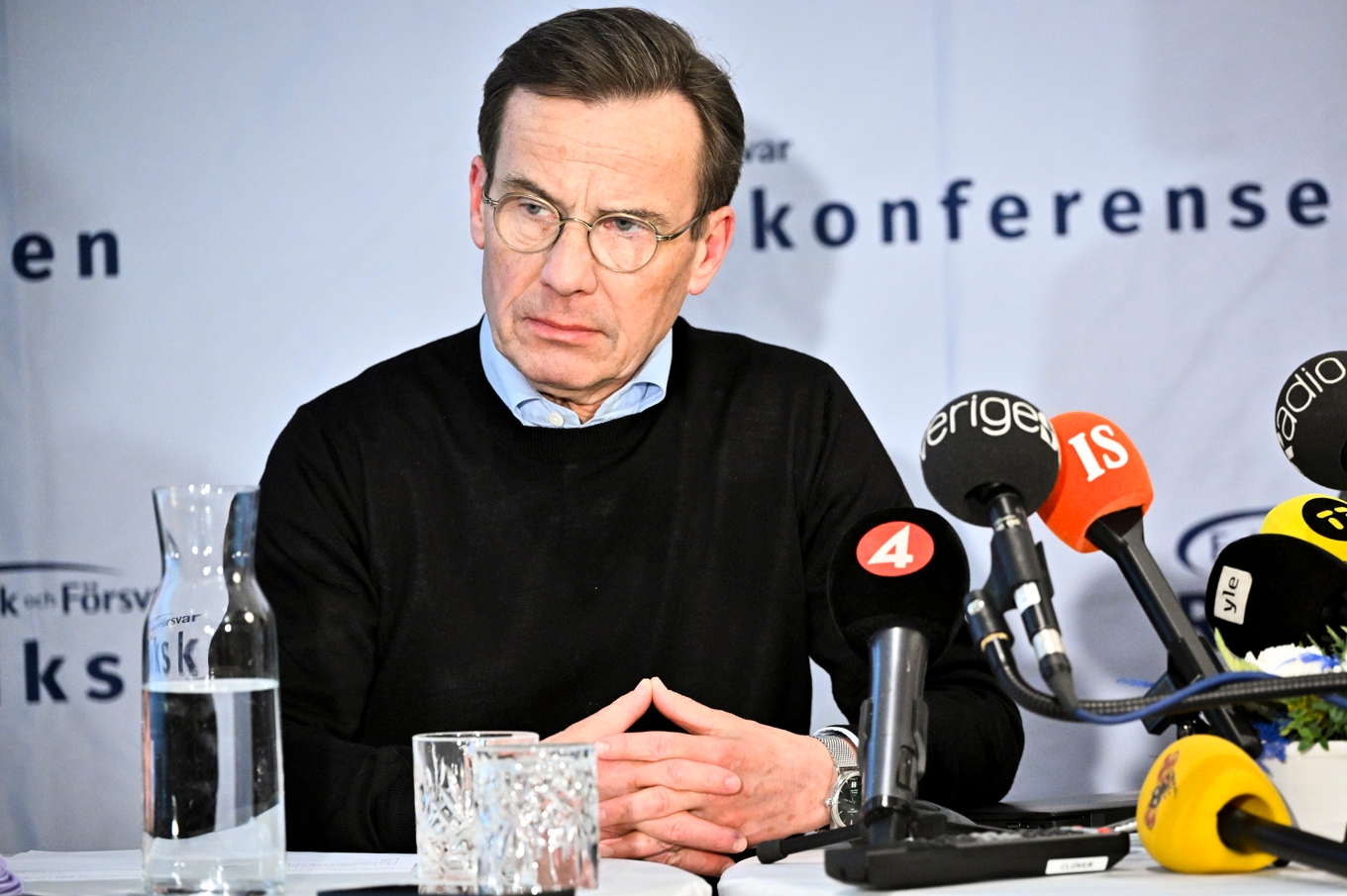 Statsminister Ulf Kristersson (M) håller pressträff under Folk och Försvars rikskonferens i Sälen. Foto: Henrik Montgomery/TT