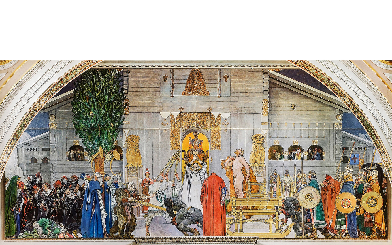 Sin inspiration till monumentalmålningen ”Midvinterblot” fick Carl Larsson ur myten om kung Domalde, som man offrade för att bryta missväxt och svält. Foto: Nationalmuseum/Public Domain