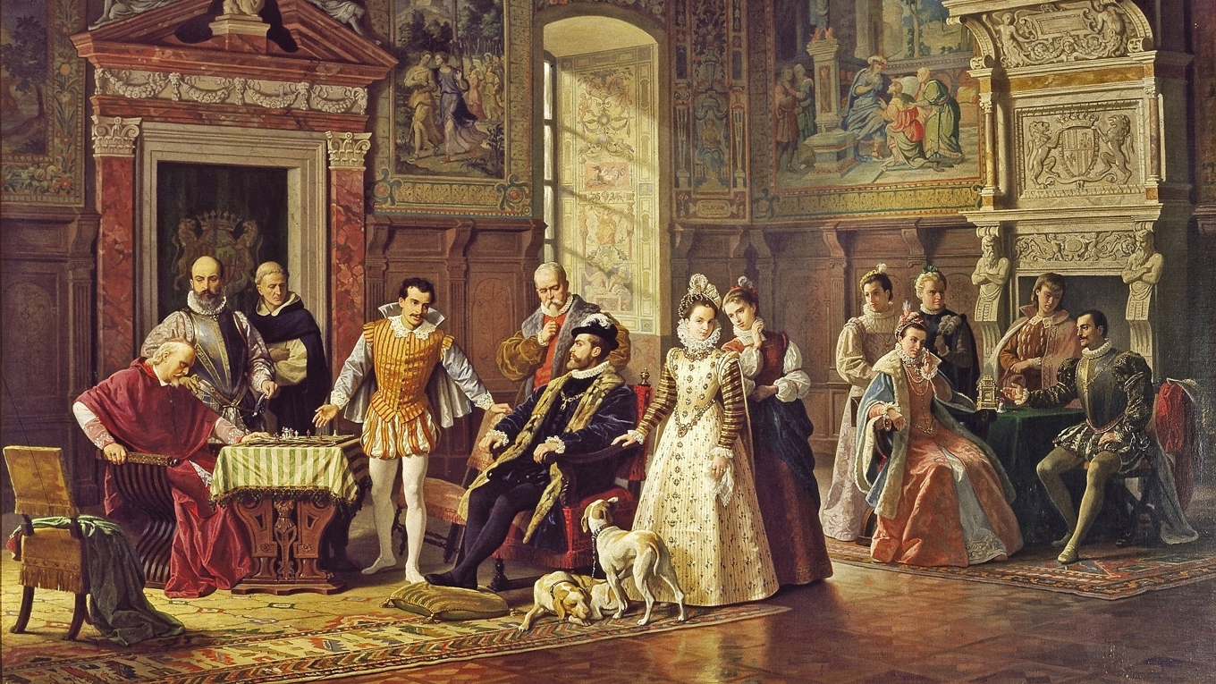 ”Leonardo da Cutro and Ruy Lopez play chess at the Spanish Court” av Luigi Mussini (1871). Foto: Wikimedia Commons