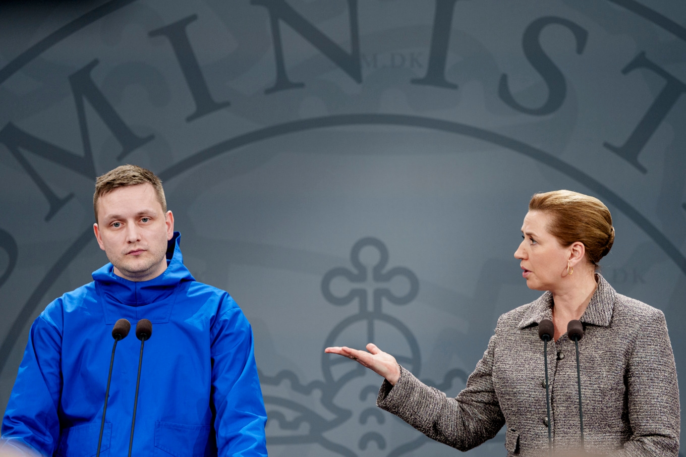 Grönlands regeringschef Jens-Frederik Nielsen och Danmarks statsminister Mette Frederiksen på tisdagens presskonferens. Foto: Liselotte Sabroe/Ritzau Scanpix/TT