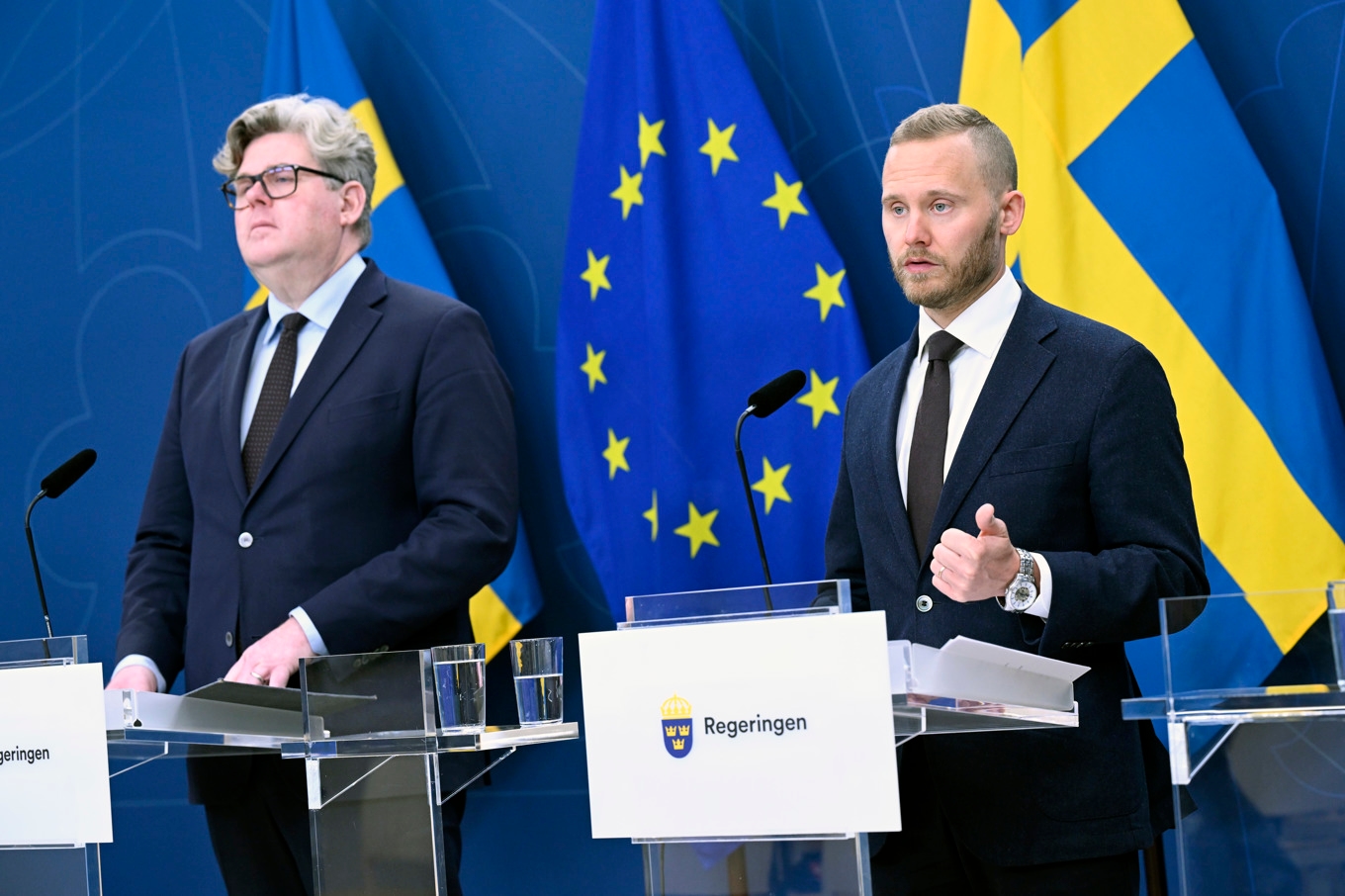 Justitieminister Gunnar Strömmer (M) och Henrik Vinge (SD) ger besked om en rad straffskärpningar. Foto: Jessica Gow/TT