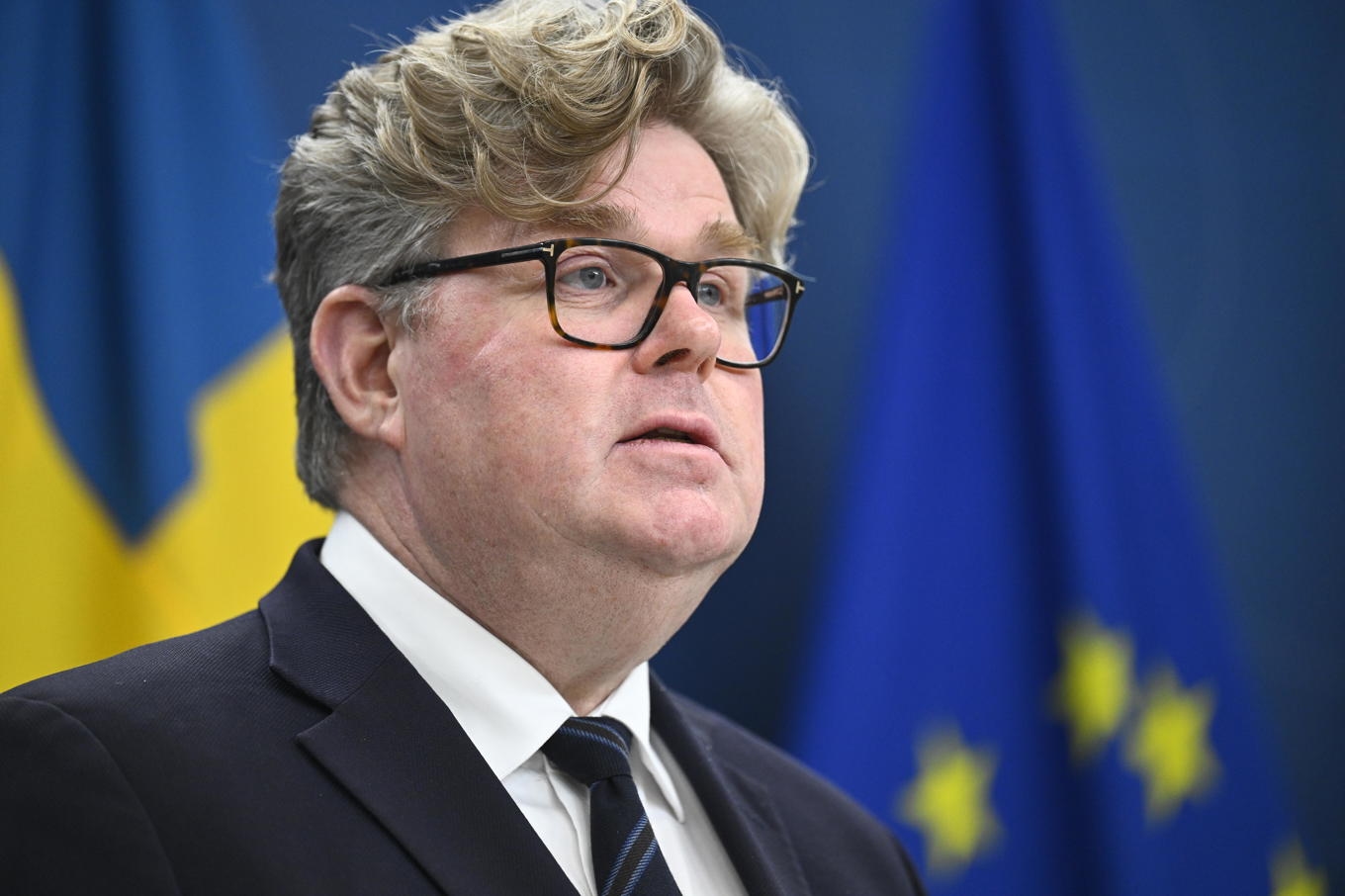 Justitieminister Gunnar Strömmer (M) vid en pressträff på torsdagen. Foto: Fredrik Sandberg/TT