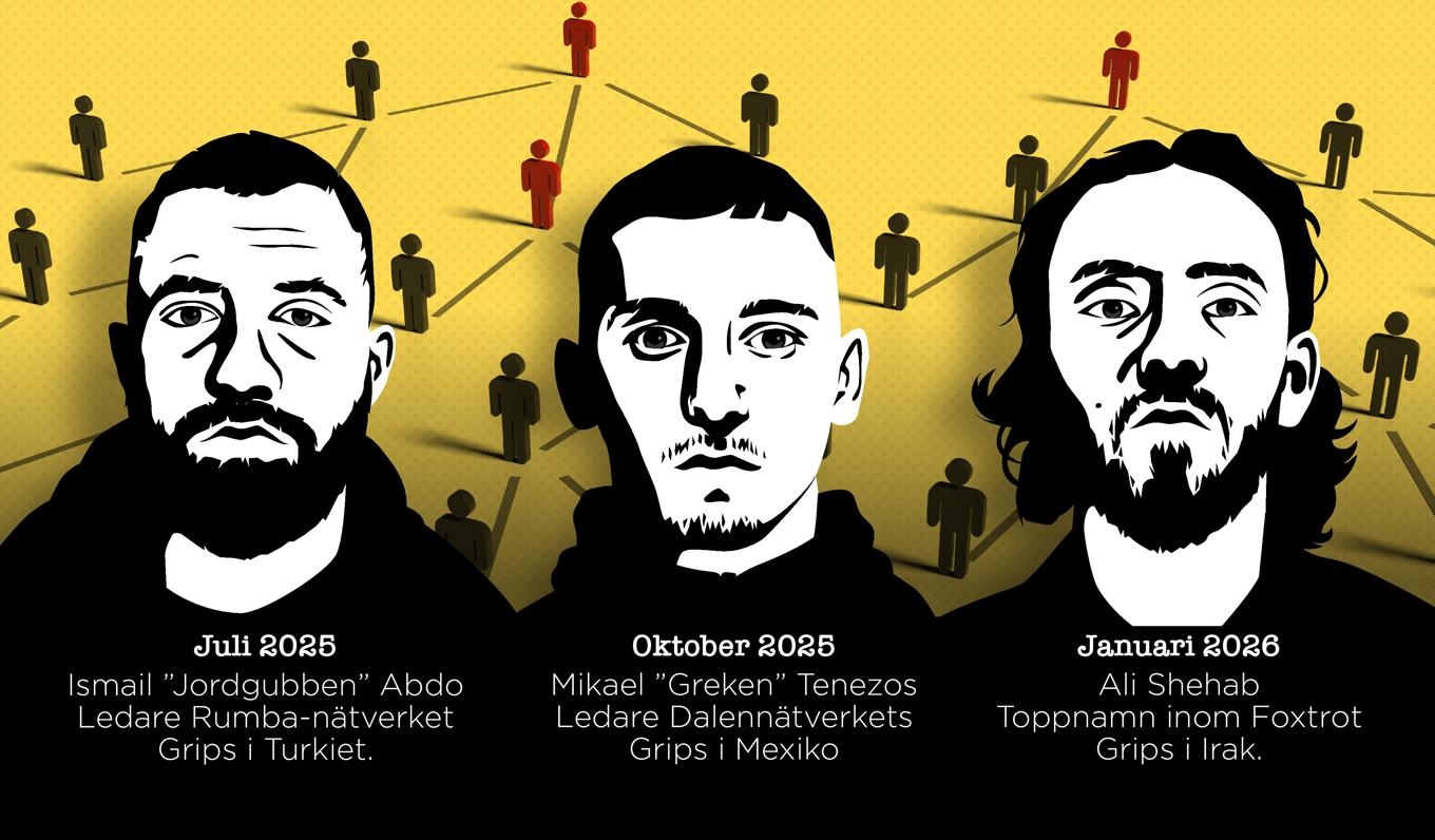 Ismail ”Jordgubben” Abdo, Mikael ”Greken” Tenezos och Ali Shehab är några av gängtopparna som gripits det senaste året. Foto: Anders Humlebo/TT