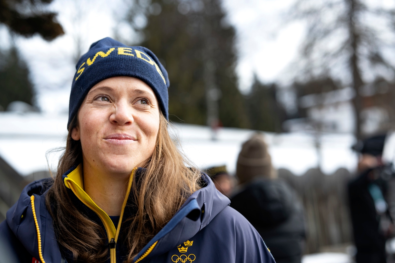 Sara Hector vid en pressträff i Cortina den 7 februari. Foto: Pontus Lundahl/TT