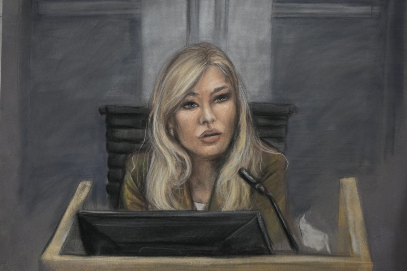 En teckning av Nora Haukland, tidigare flickvän till Marius Borg Høiby, i rättssalen i Oslo i förra veckan. Foto: Ane Hem/NTB/TT