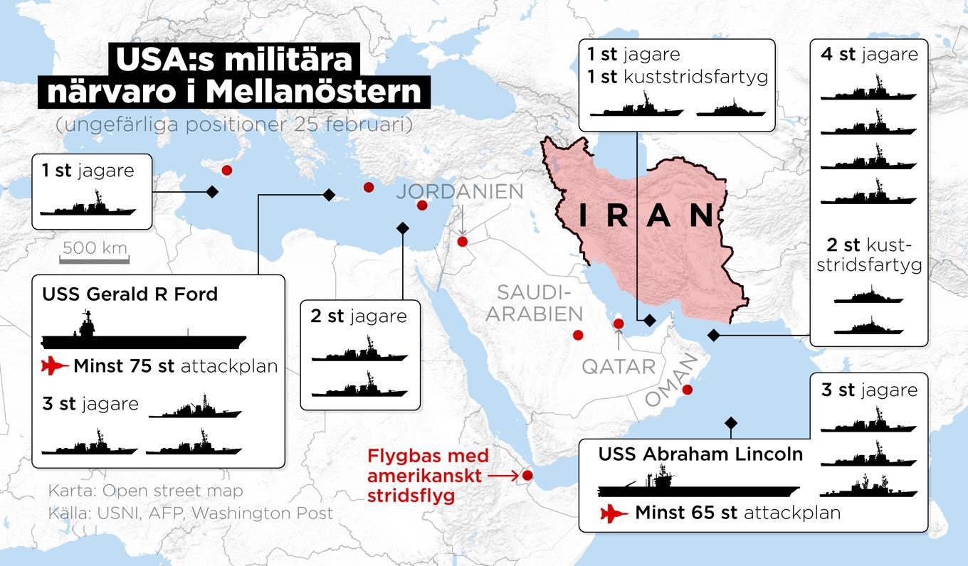 Ungefärliga positioner för amerikanska ytstridsfartyg i Mellanöstern den 25 februari. Foto: Anders Humlebo/TT