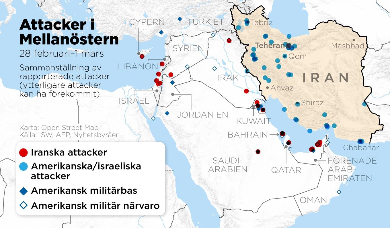 Sammanställning av rapporterade attacker i Mellanöstern mellan den 28 februari och den 1 mars (ytterligare attacker kan ha förekommit). Foto: Anders Humlebo/TT