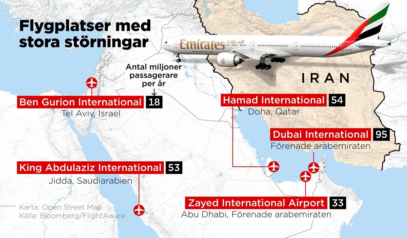 Flera stora flygplatser i Mellanöstern upplever stora störningar på grund av konflikten mellan USA/Israel och Iran. Foto: Anders Humlebo/TT