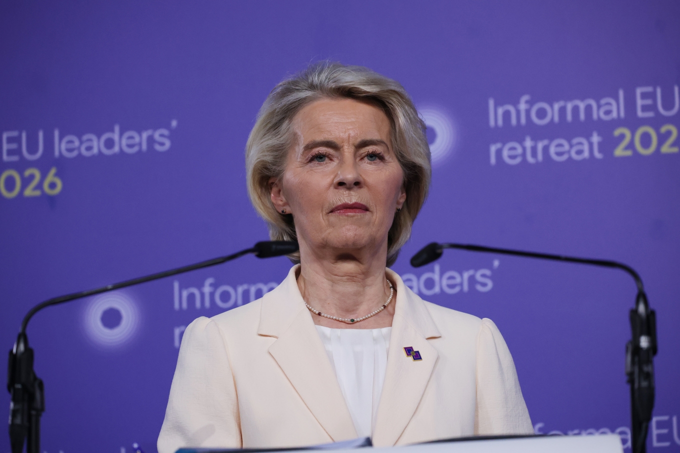 EU-kommissionens ordförande Ursula von der Leyen efter ett EU-toppmöte i östra Belgien i februari. Arkivbild. Foto: Omar Havana/AP/TT