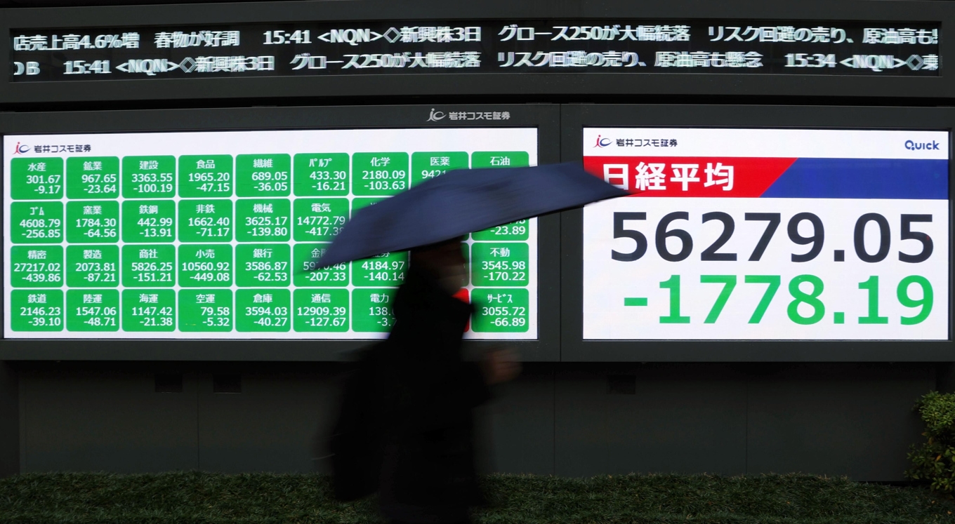 Japanska Nikkei 225 är ett av indexen som faller kraftigt under den inledande torsdagshandeln. Arkivbild. Foto: Shingo Fukuma/AP/TT