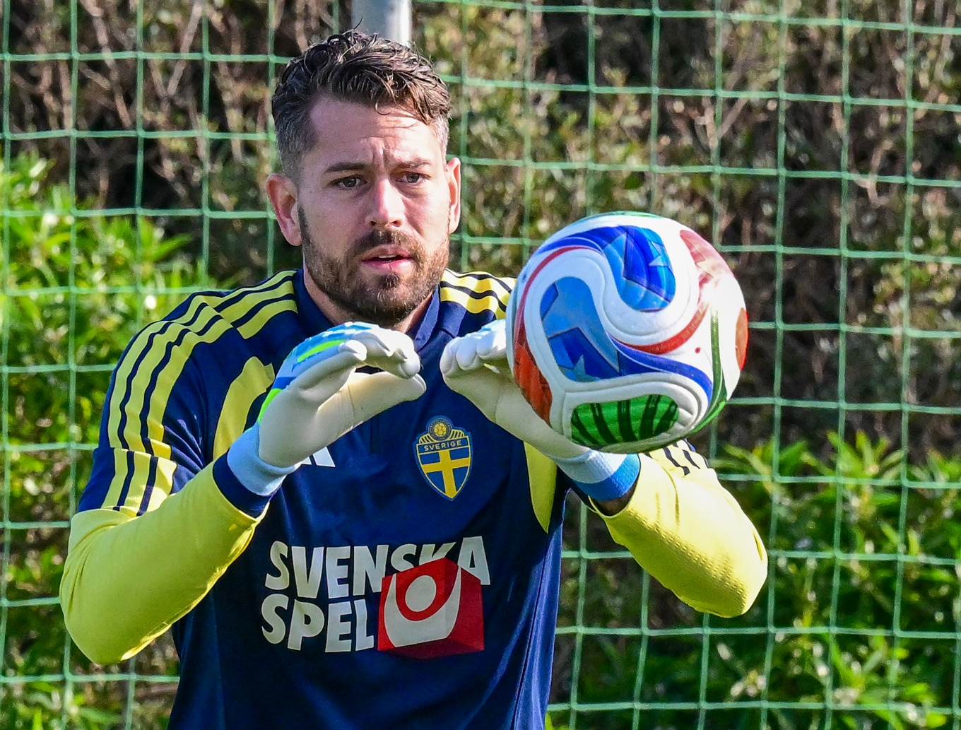 Målvakten Kristoffer Nordfeldt under svenska fotbollslandslagets träning utanför Valencia på tisdagen. Foto: Jonas Ekströmer/TT
