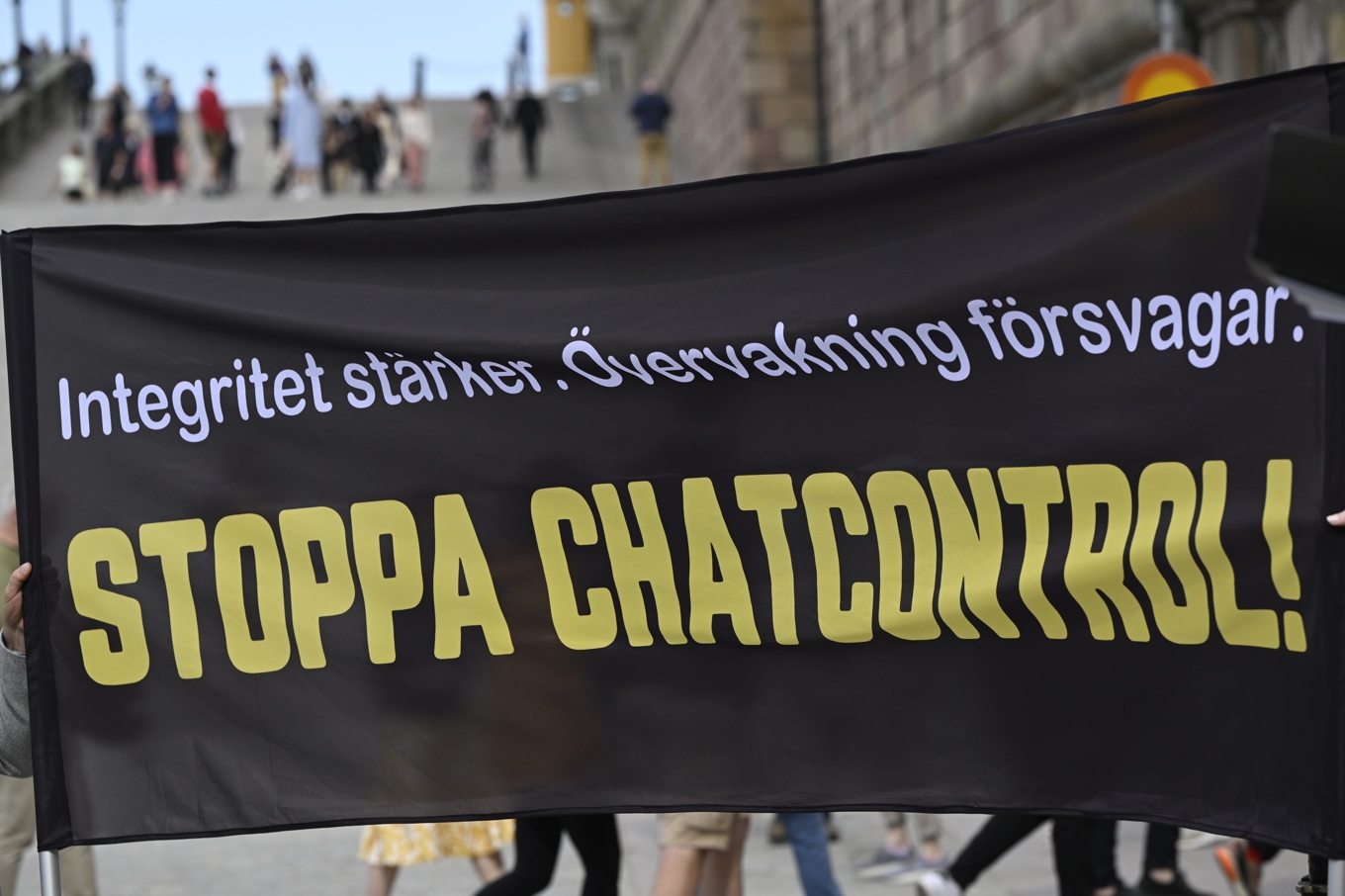 Demonstration i Stockholm 2023 mot EU-kommissionens förslag för att bekämpa sexuella övergrepp mot barn på nätet. Arkivbild. Foto: Henrik Montgomery/TT