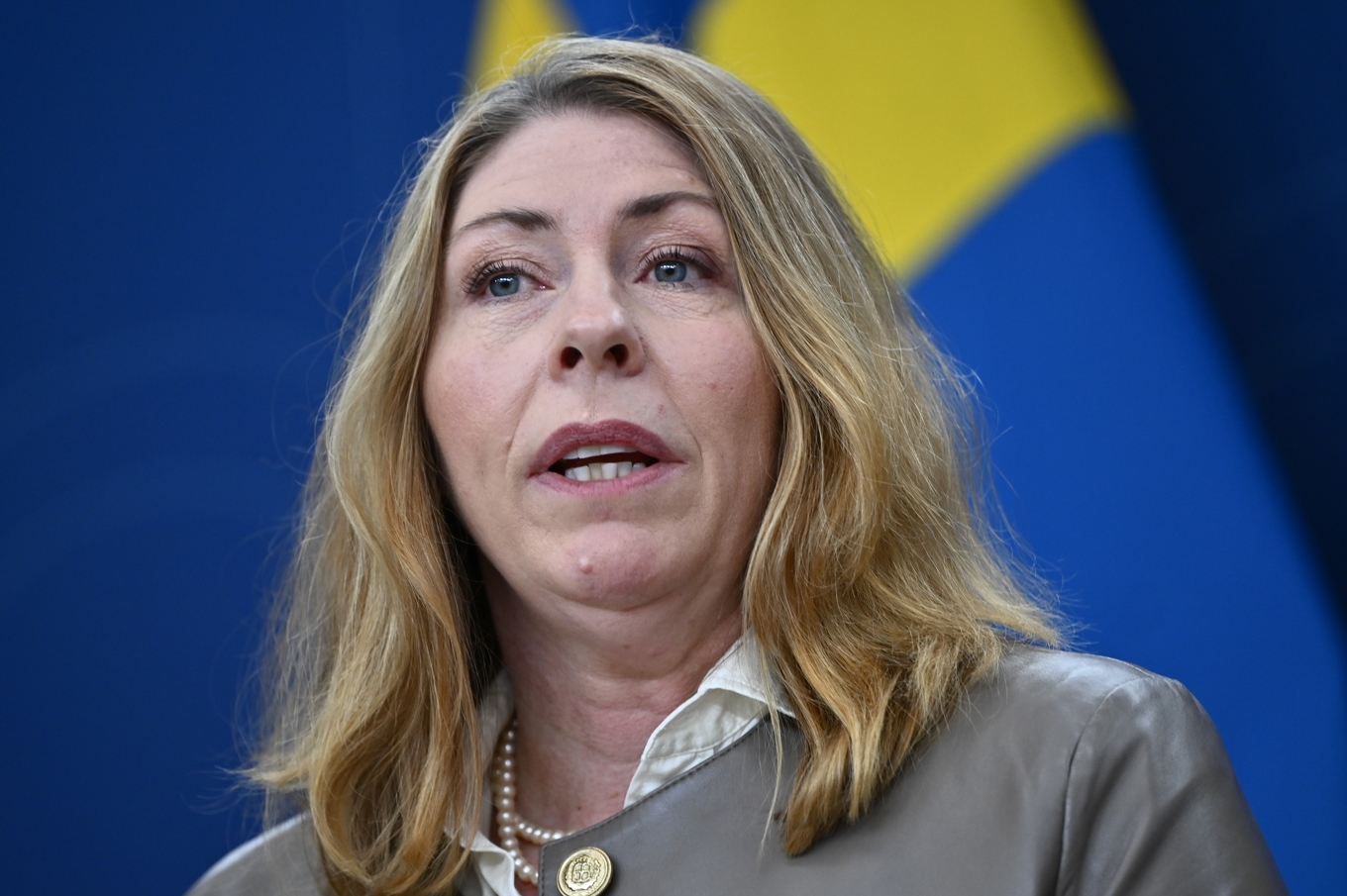 Elisabet Lann (KD), sjukvårdsminister, på en pressträff tidigare i mars. Arkivbild. Foto: Anders Wiklund/TT