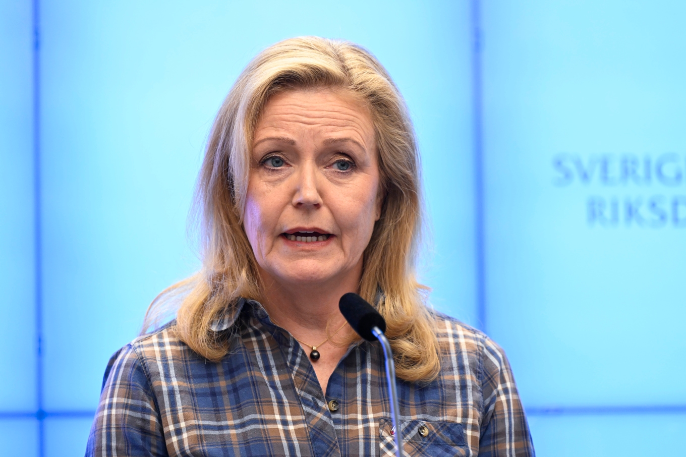 C-ledaren Elisabeth Thand Ringqvist presenterar partiets tredje krav för att stödja en regering efter valet. Foto: Jessica Gow/TT