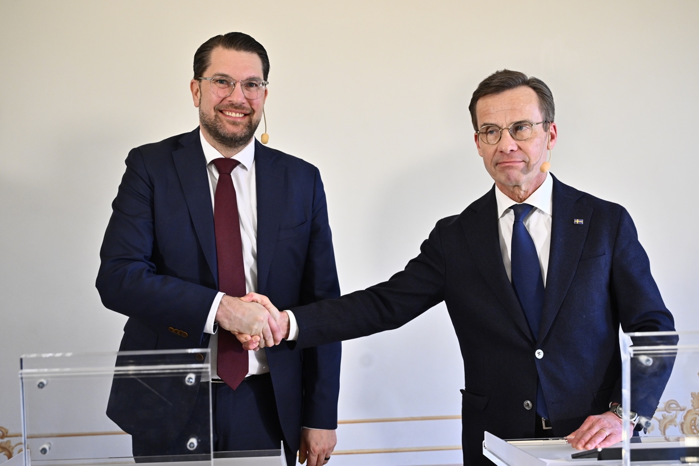 Sverigedemokraternas partiledare Jimmie Åkesson och Moderaternas partiledare Ulf Kristersson höll en gemensam pressträff på onsdagen. Foto: Anders Wiklund/TT