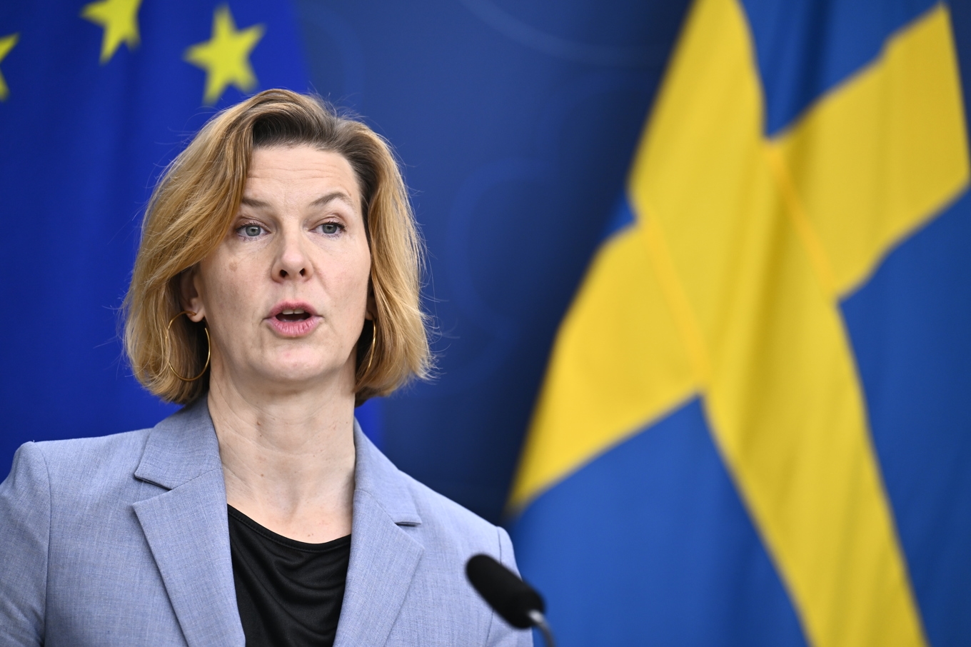 Jämställdhetsminister Nina Larsson (L) presenterar den tioåriga nationella strategin mot mäns våld mot kvinnor. Foto: Pontus Lundahl/TT