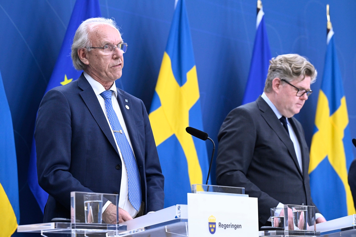 Kristdemokraternas rättspolitiske talesperson Torsten Elofsson tror att möjligheten att döma 13-åringar till fängelse kan ha avskräckande effekt. Justitieminister Gunnar Strömmer (M), t h, tror att färre 13-åringar än nu kommer att finnas med i utredningar om mord. Foto: Jessica Gow/TT