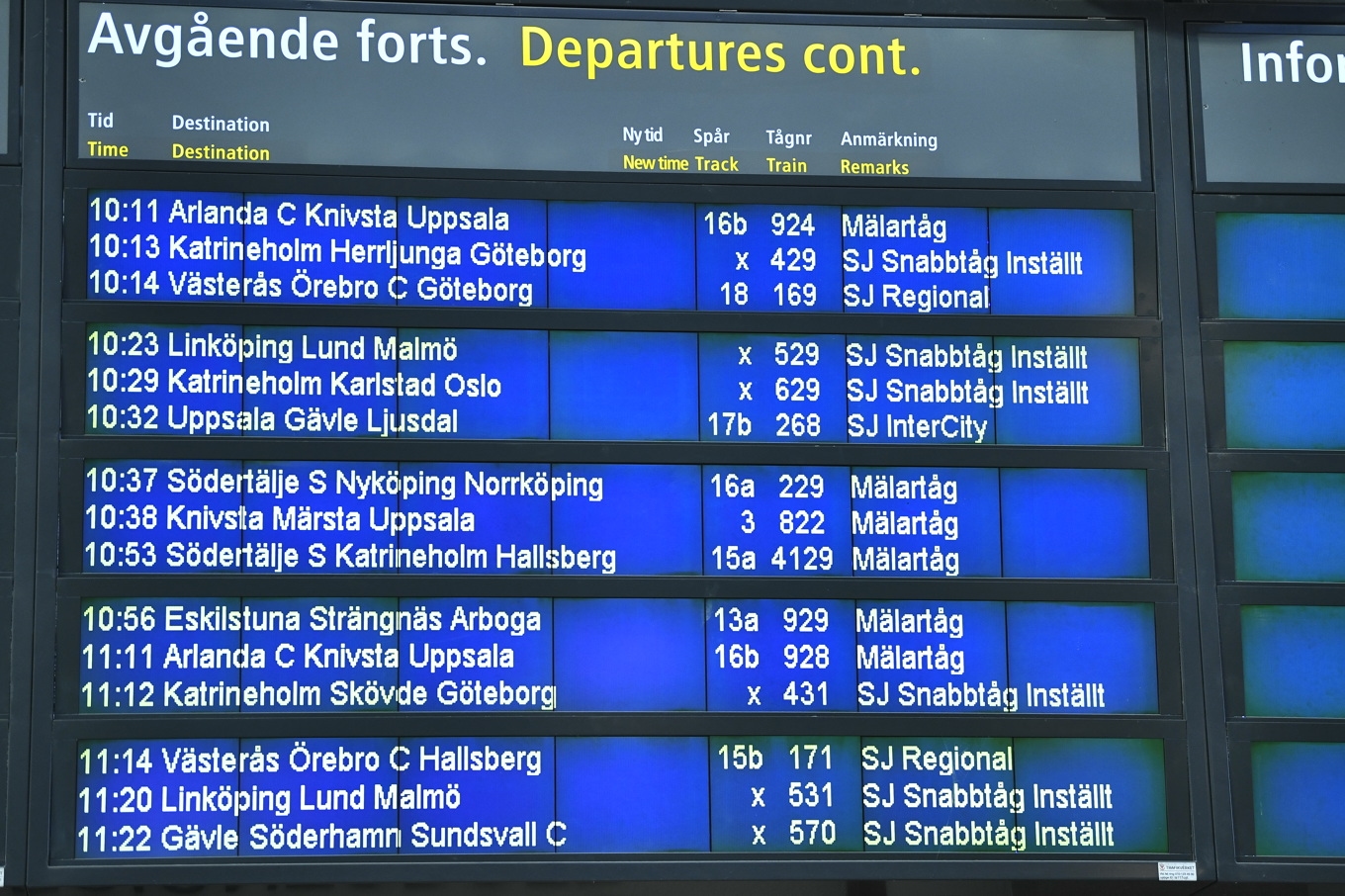 Fullt med inställda snabbtåg på informationstavlan med avgångar på Centralstationen i Stockholm. Foto: Lars Schröder/TT