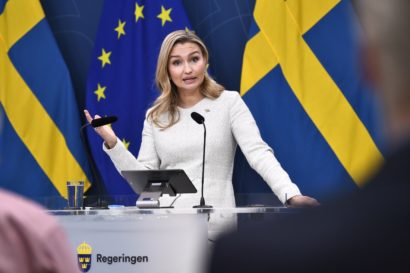 Energi- och näringsminister Ebba Busch (KD under en pressträff på fredagen. Foto: Lars Schröder/TT