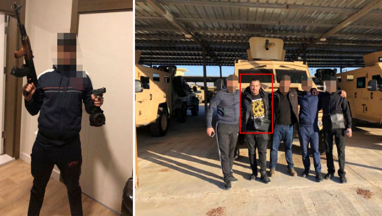 Gängtoppen poserar med vapen. Han syns också på en gruppbild på besök hos Foxtrotledaren Rawa Majid (tvåa från vänster) i Irak 2020. Den nu åtalade mannen står näst längst till höger. Foto: Tullverkets utredning