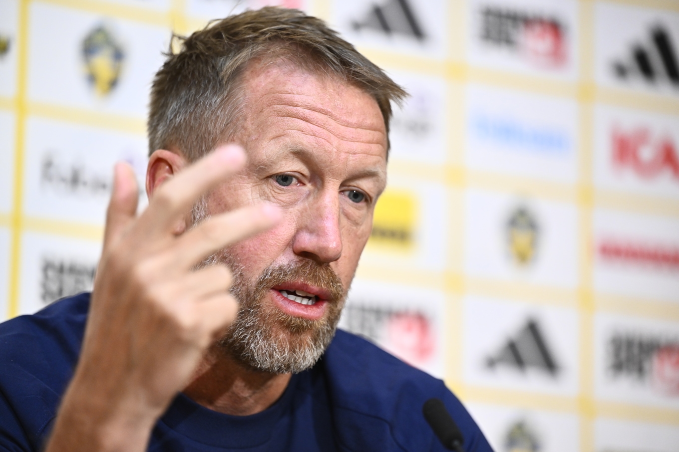 Sveriges förbundskapten Graham Potter under en pressträff när landslaget samlas inför fotbolls-VM. Foto: Henrik Montgomery/TT