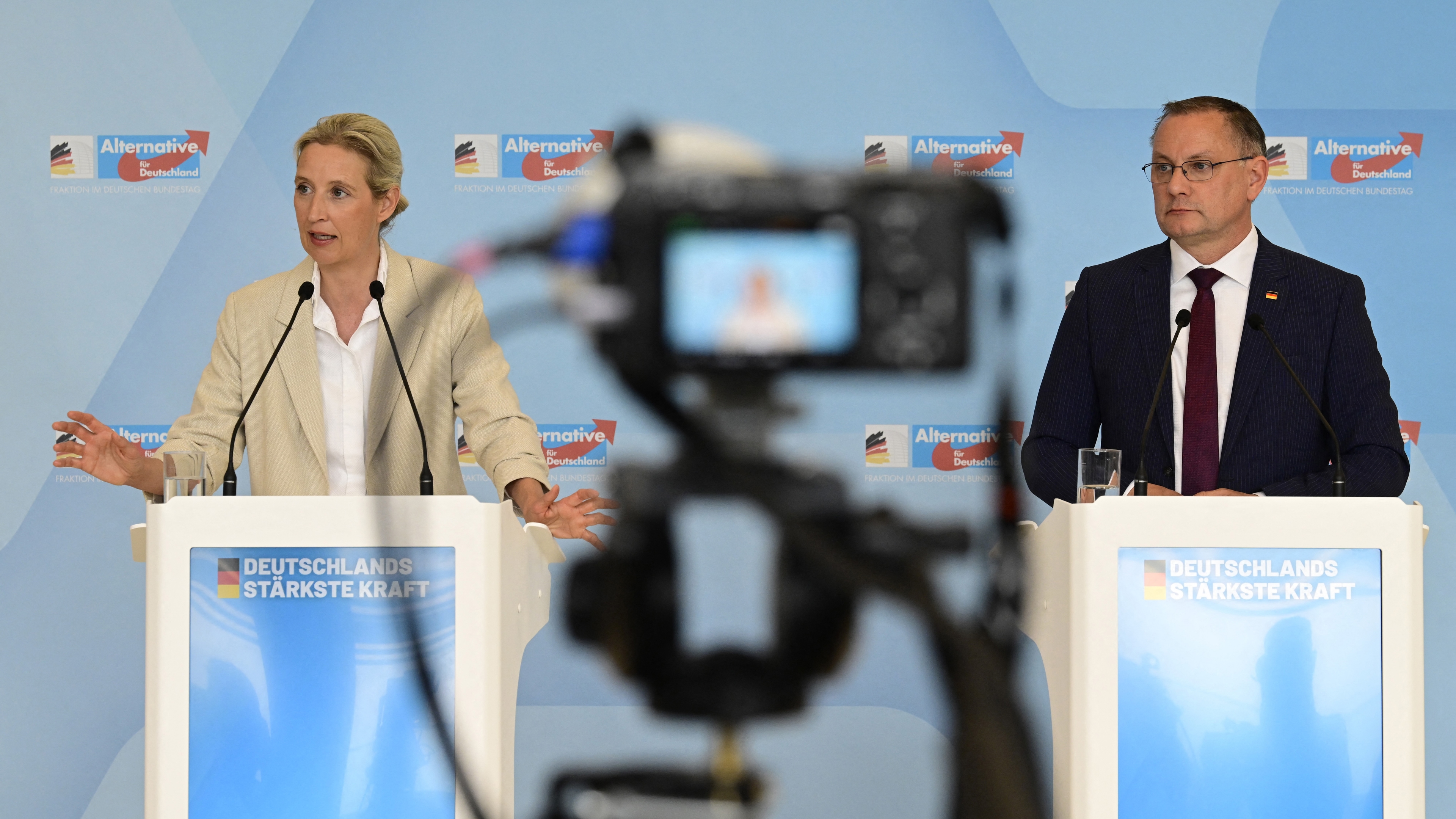 De två partiledarna för AFD, Alice Weidel och Tino Chrupalla. Foto: John/AFP via Getty Images