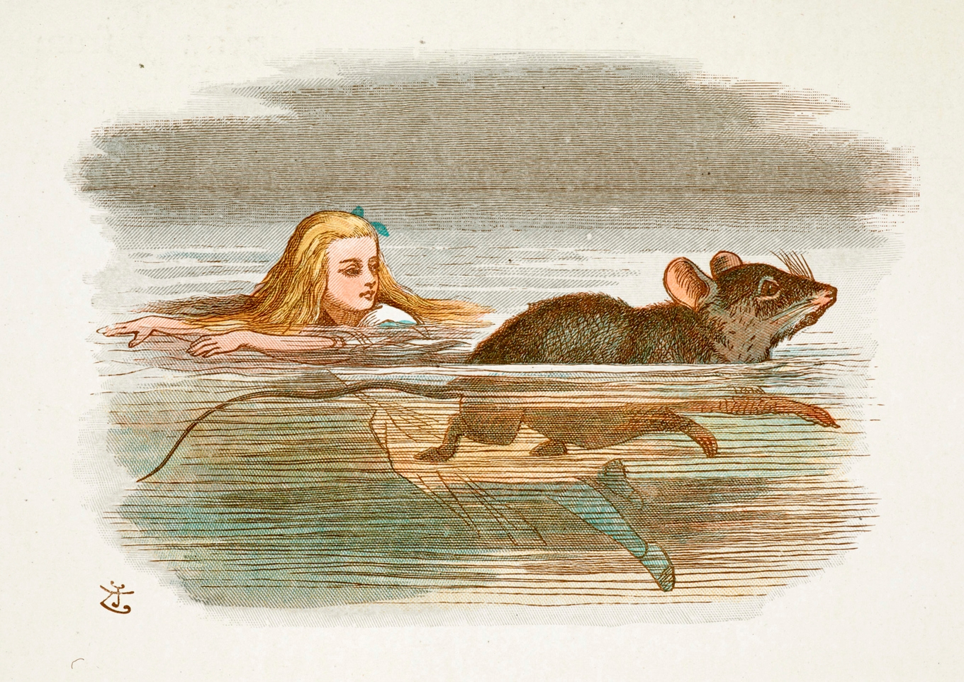 I ”Alice i Underlandet” simmar huvudpersonen i sina egna tårar. Hon möter en råtta, en art som inte gråter men däremot skrattar. Illustration av John Tenniel (1820–1914). Foto: British Library