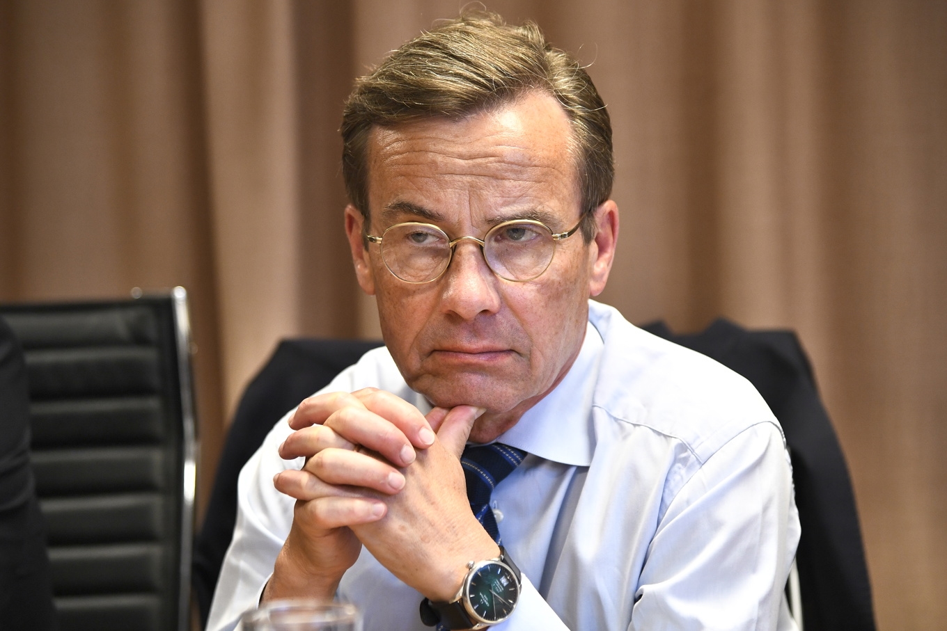 Moderatledaren och statsminister Ulf Kristersson (M) under en pressträff om mäns våld mot kvinnor. Foto: Lars Schröder/TT
