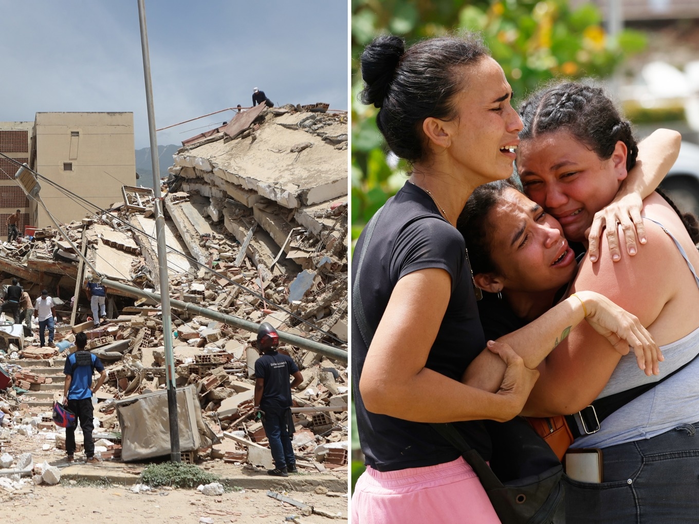 Kustegionen La Guaira har drabbats särskilt hårt av skalven i Venezuela. Till höger i bild tröstas en mamma som förlorat två barn i rasmassorna. Foto: Pedro Mattey/AP/TT