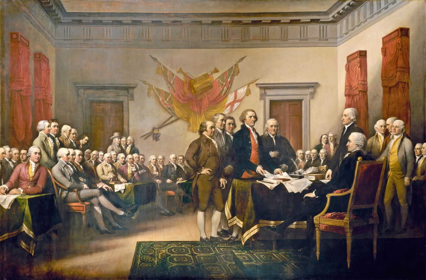 Den 4 juli 1776 förklarade amerikanerna att då britterna brutit mot engelsk lag, sed och tradition så hade de rätt att förklara sig självständiga. (John Trumbull, 1819). foto: Wikimedia Commons