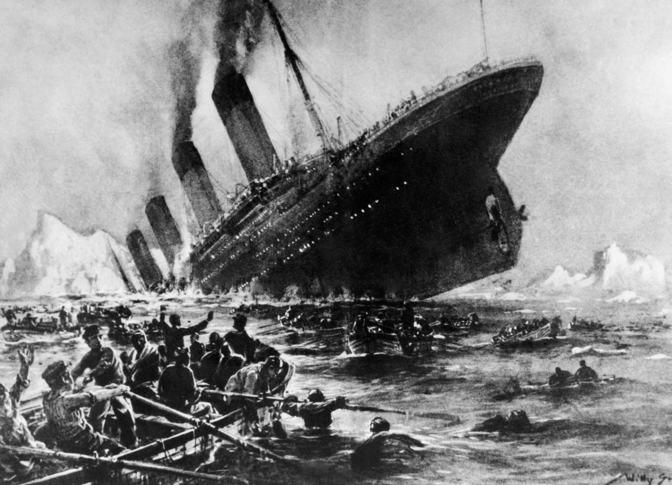 Titanic upptäckte isberget för sent och kunde inte väja. En brand, som ska ha funnits redan vid avseglingen, är en senare teori. (Okänd konstnär). FOTO: AFP via Getty Images